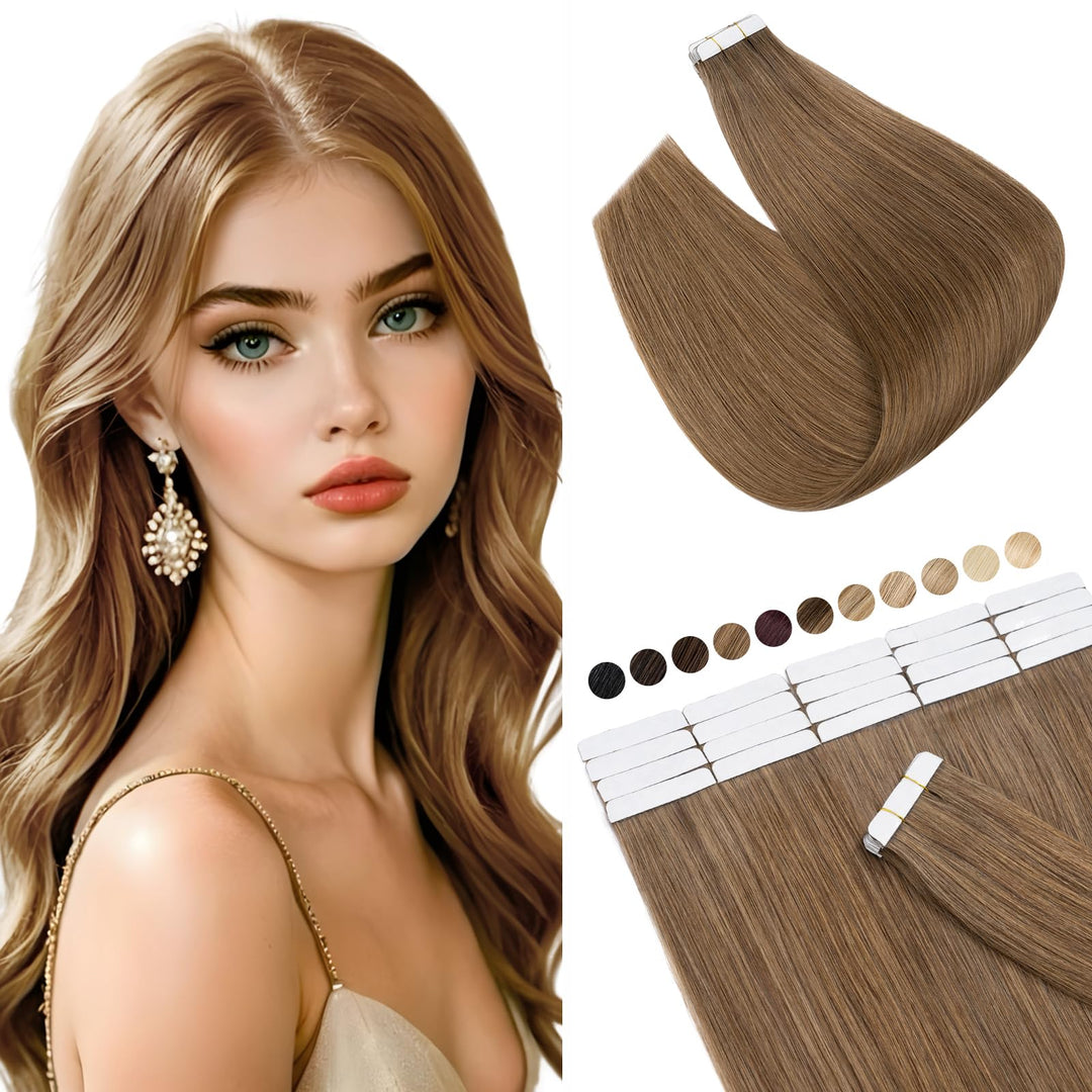 Elailite Extensions Echthaar Tape in 50g #6 Mittelbraun, 20 Stück/Packung Real Human Hair Haarverlän