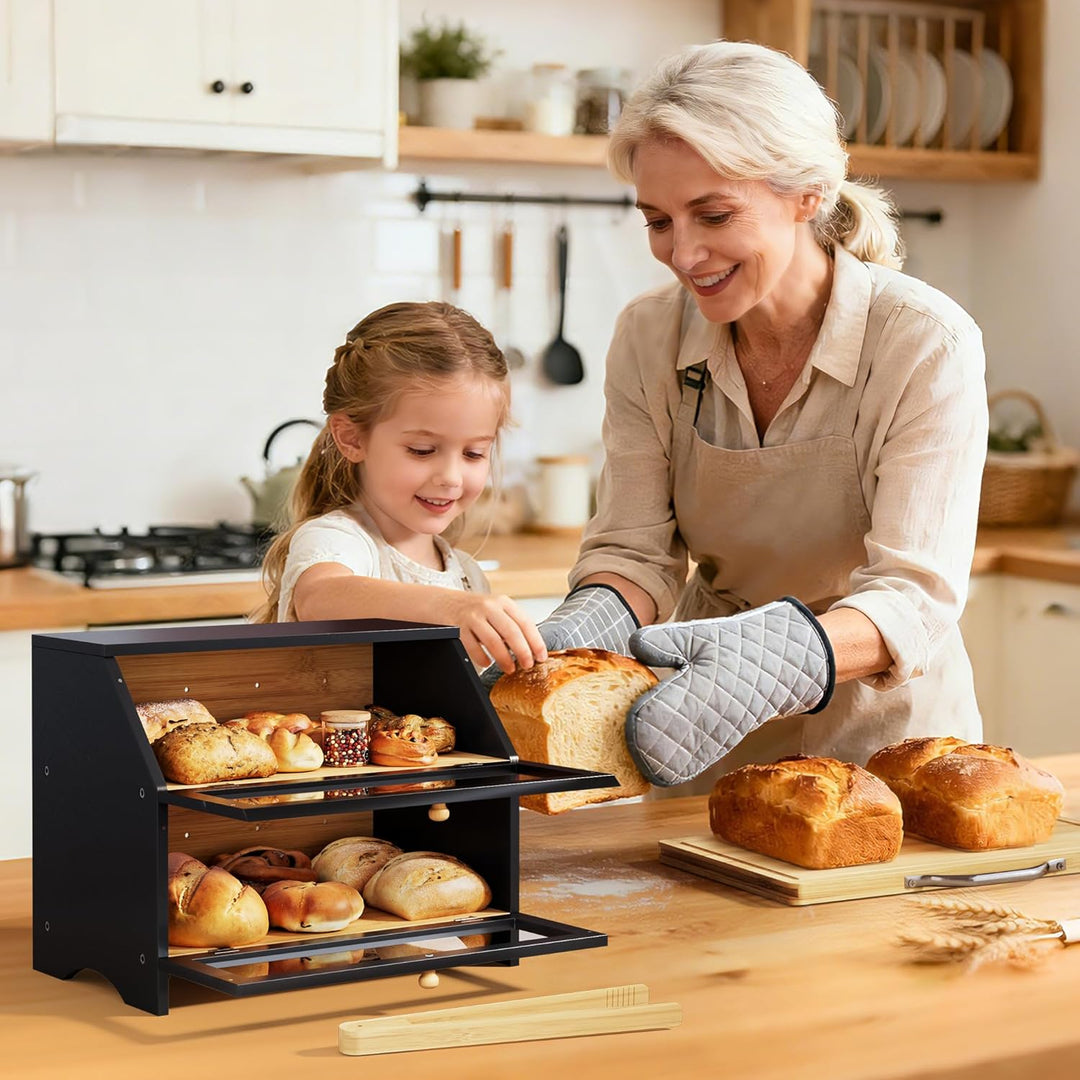 Pamapic Brotkasten Bambus, Brotkorb mit Schneidebrett, 2 Etagen Brotbox mit Brotzange, Brotaufbewahr