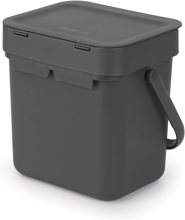 Brabantia Sort & Go Abfalleimer mit Deckel 3 L (grau), platzsparender Biomüll Behälter mit Griff, ab