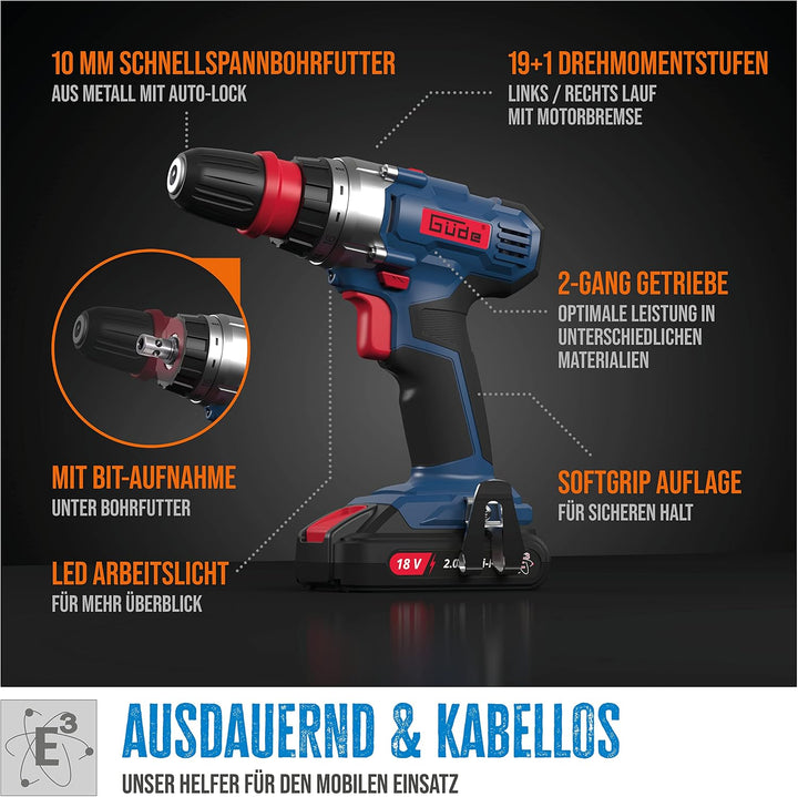 Güde 58524 Akku Bohrschrauber BS 18-0 II (18 V, Li-Ion, ohne Akku und ohne Ladegerät, integriertes L
