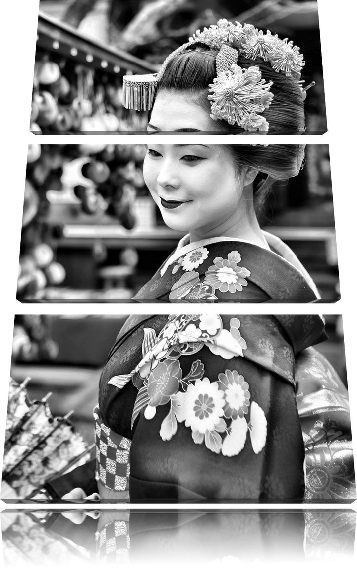 Pixxprint Anmutige Geisha mit Fächer als Leinwandbild | Grösse: 3 Teilig (120x80) | Wandbild| Kunstd