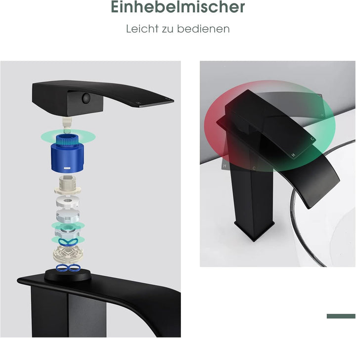 Wasserhahn Bad Schwarz, Wasserfall Waschtischarmatur für Aufsatzwaschbecken, Hoch Waschbecken Armatu