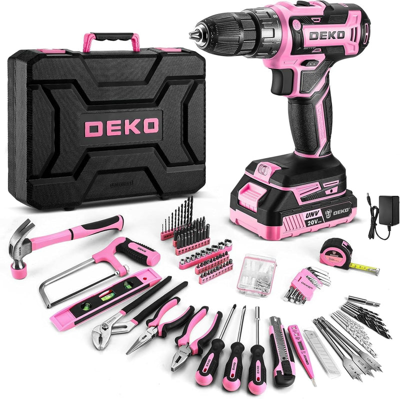 DEKO Kompletter elektrischer Werkzeugkasten, 186 Teile, Rosa, mit 20 V Bohrmaschine ohne Seil, 10 mm