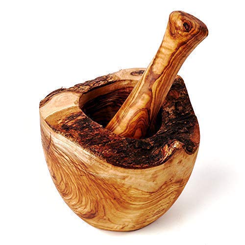 das Olivenholzbrett® Mörser und Stössel aus Olivenholz im Naturschnitt ca.16cm, Olivenholzmörser & S