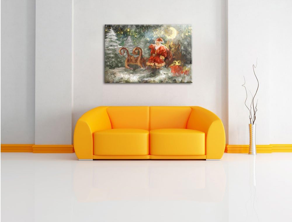 Pixxprint Weihnachtsmann mit Geschenken als Leinwandbild/Grösse: 100x70 cm/Wandbild/Kunstdruck/ferti