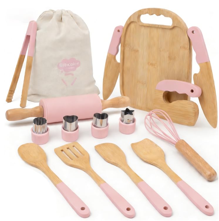 Kindermesser Set – 29-teilig mit sicherem Kiddikutter, Holzmesser Schneidebrett – Montessori Küchens