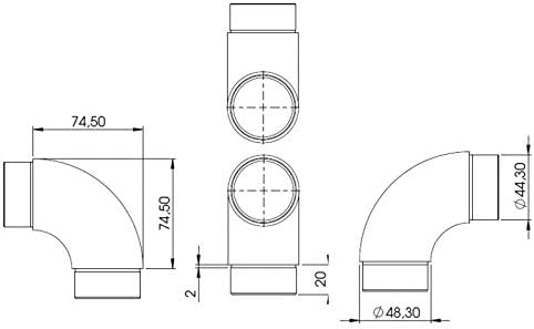 90° Rohrbogen rund, für Rohr 48.3 x 2.0mm, V2A Edelstahl, Silber