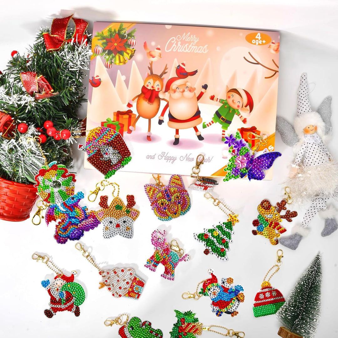 Adventskalender 2025 für Kinder, 24 Stück, DIY-Diamantmalerei, Schlüsselanhänger-Kits, Weihnachts-Co