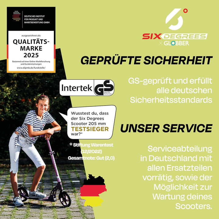 Six Degrees Aluminium Scooter mit Klappmechanismus, Ständer, 205 mm TESTSIEGER, ABEC 7, höhenverstel