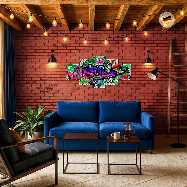 Runa Art Wandbilder Graffiti 5 Teilig Bild auf Vlies Leinwand Deko Loft Wohnzimmer Street Art Bunt 0