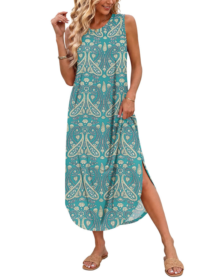 AUSELILY Maxikleider Damen Sommer Ärmellos Strandkleid Lang Kleider S Boho Blumen Grün1, S Boho Blum