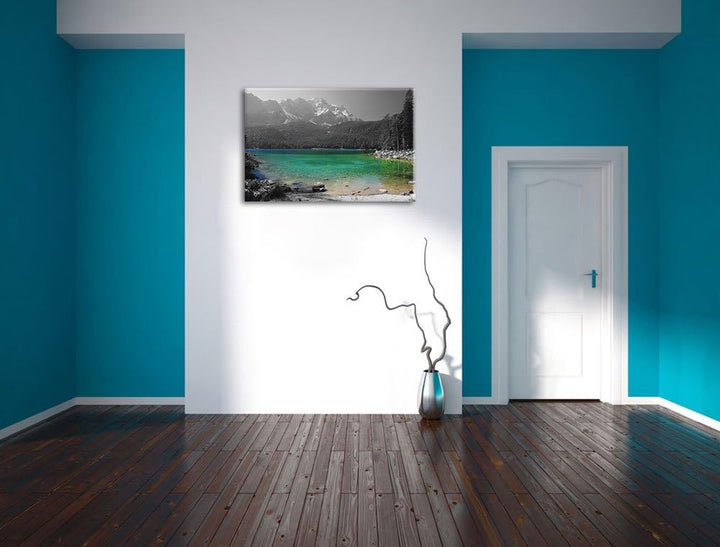 Eibsee vor der Zugspitze schwarz/weiss Format: 100x70 auf Leinwand, XXL riesige Bilder fertig gerahm