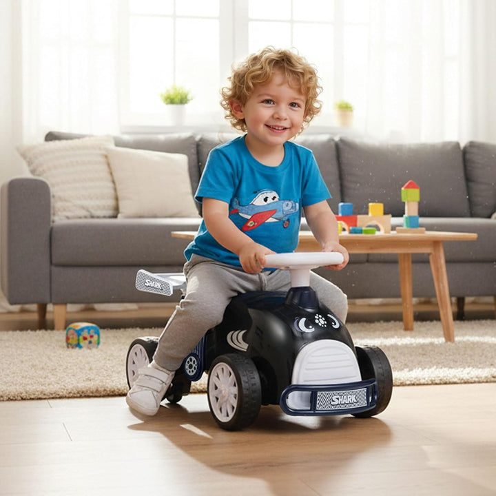 COSTWAY Rutschauto, Rutschfahrzeug im Hai-Design, Kinderfahrzeug mit Musik & Stauraum unter dem Sitz