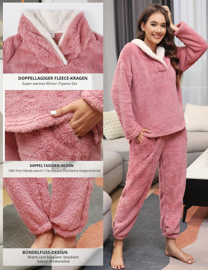 TOMEEK Schlafanzug Damen Winter Thermo Pyjama Set Langarm Fleece Nachtwäsche Set Weicher Warmer Heim