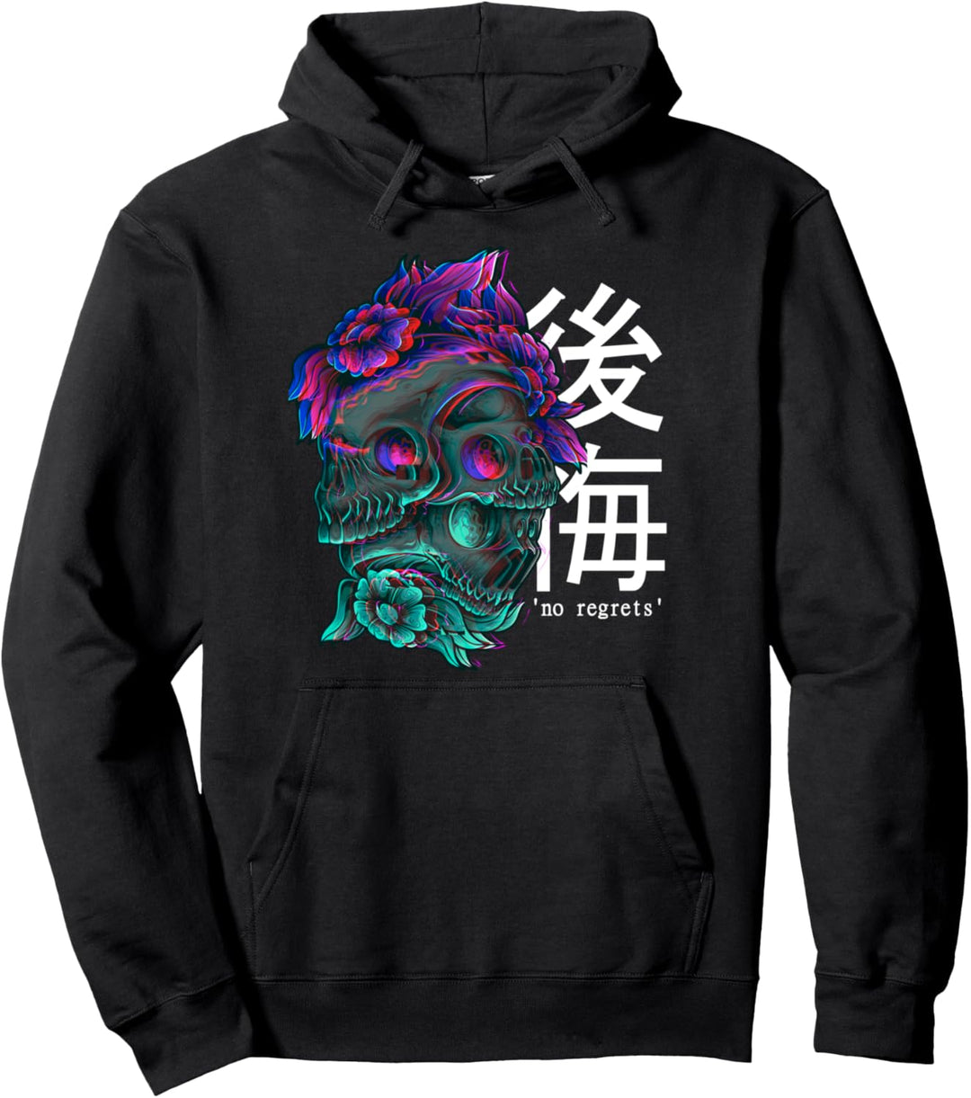 No Regrets - Sad Kanji Aesthetic Blume Schädel Gothic Pullover Hoodie