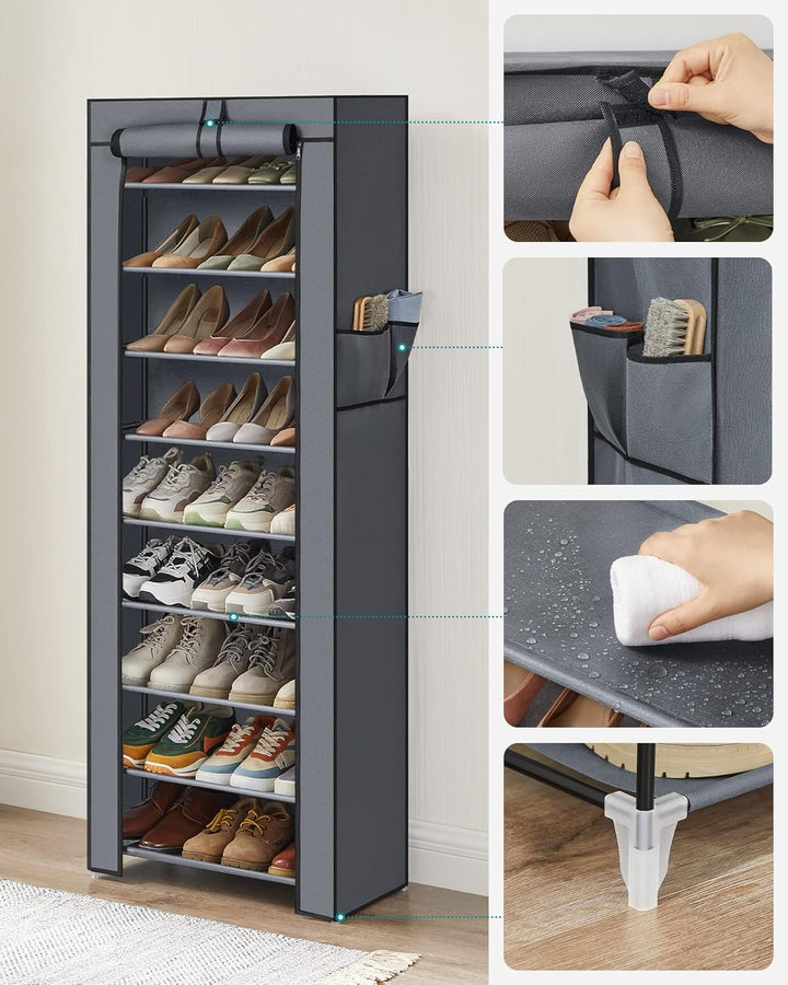 SONGMICS Schuhregal mit 10 Ebenen, 28 x 58 x 160 cm, Schuhschrank, Schuhaufbewahrung, mit staubdicht