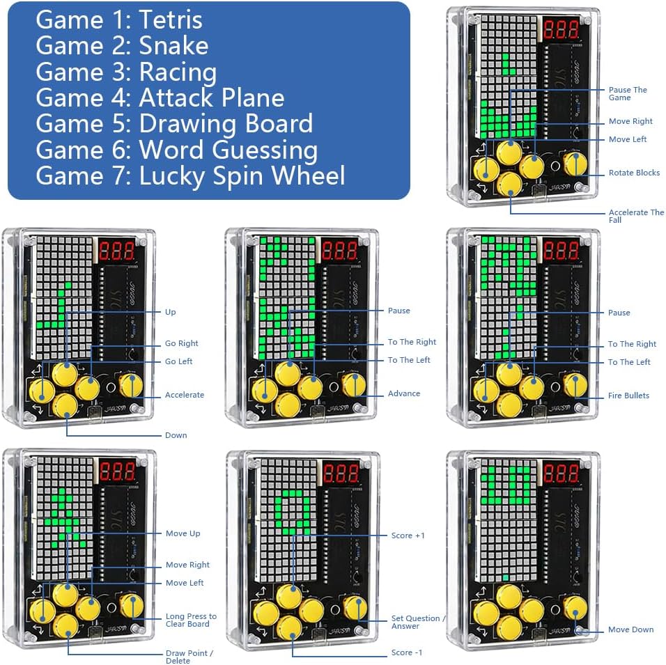 DIY Spielekonsole Löt Bausatz, 7 in 1 Elektronik Baukasten Handheld Game Console Kit mit Acrylgehäus