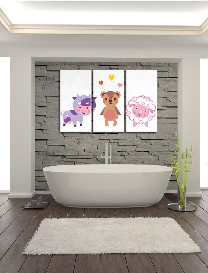 Pixxprint Kuh Teddy und Schaf als Leinwandbild/Grösse: 3 Teilig (120x80) cm/Wandbild/Kunstdruck/fert