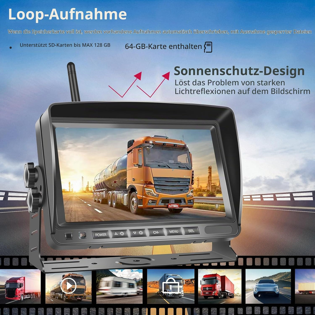 Hodozzy Digitale Kabellos Rückfahrkameras DVR Videoaufzeichnung-7 Zoll IPS Monitor AHD 2 Kameras mit