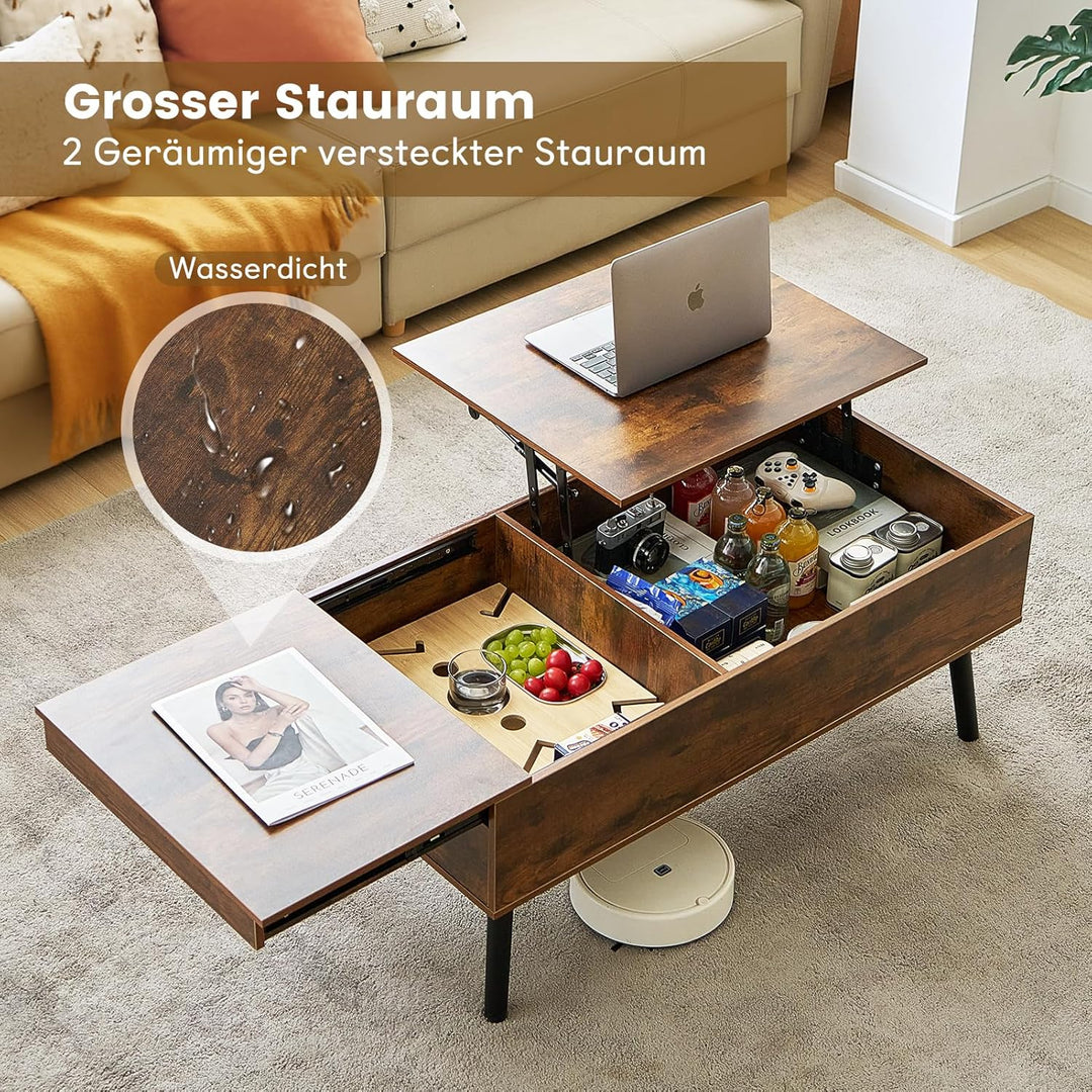JanflyHome Couchtisch Höhenverstellbar, Couchtisch mit Stauraum, Schiebeplatte, 2 Separates Versteck