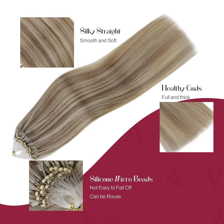 Vivien Microring Echthaar Extensions 55 cm Hellbraun und Platinblond Invisible Extensions Echthaar M