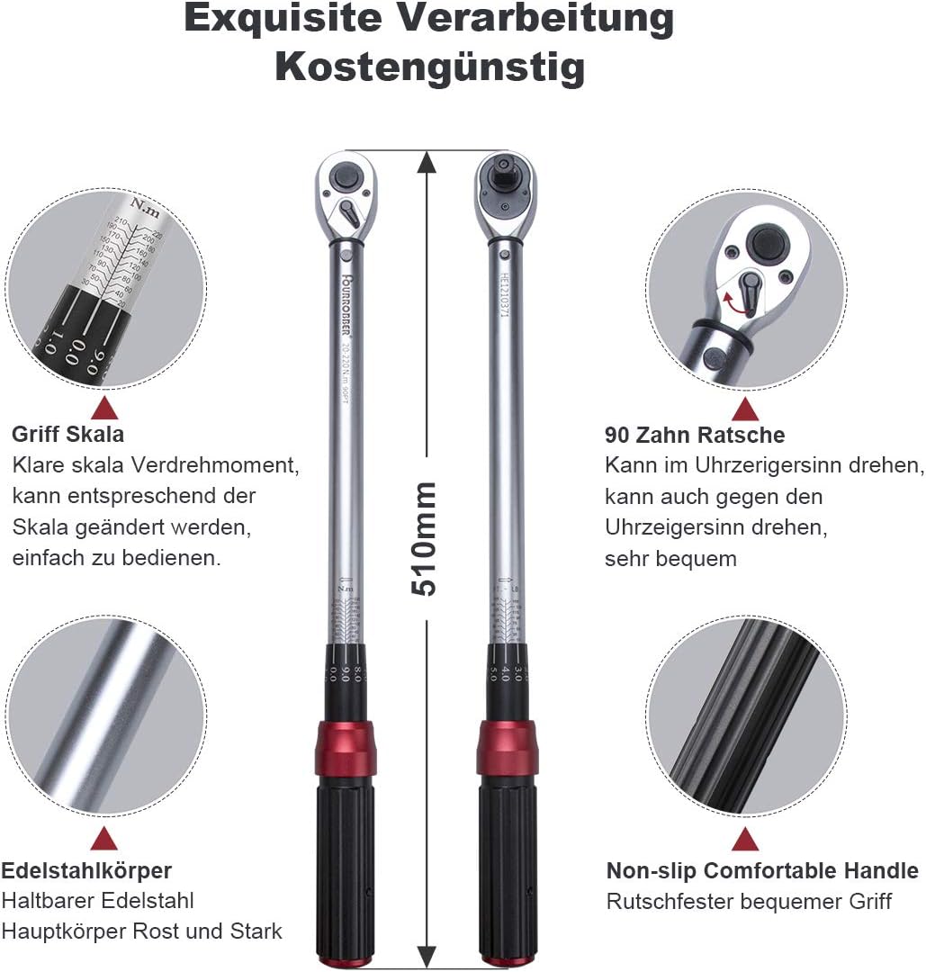 FOURROBBER Drehmomentschlüssel auto, 1/2 Zoll 20-220Nm Set,Verbesserte Version des 90 Zahn Drehmome