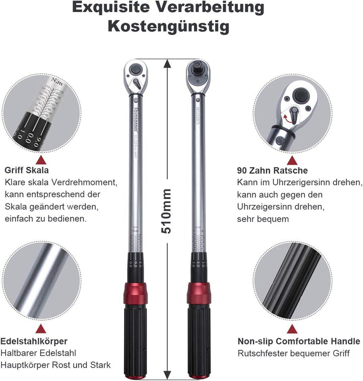 FOURROBBER Drehmomentschlüssel auto, 1/2 Zoll 20-220Nm Set,Verbesserte Version des 90 Zahn Drehmome