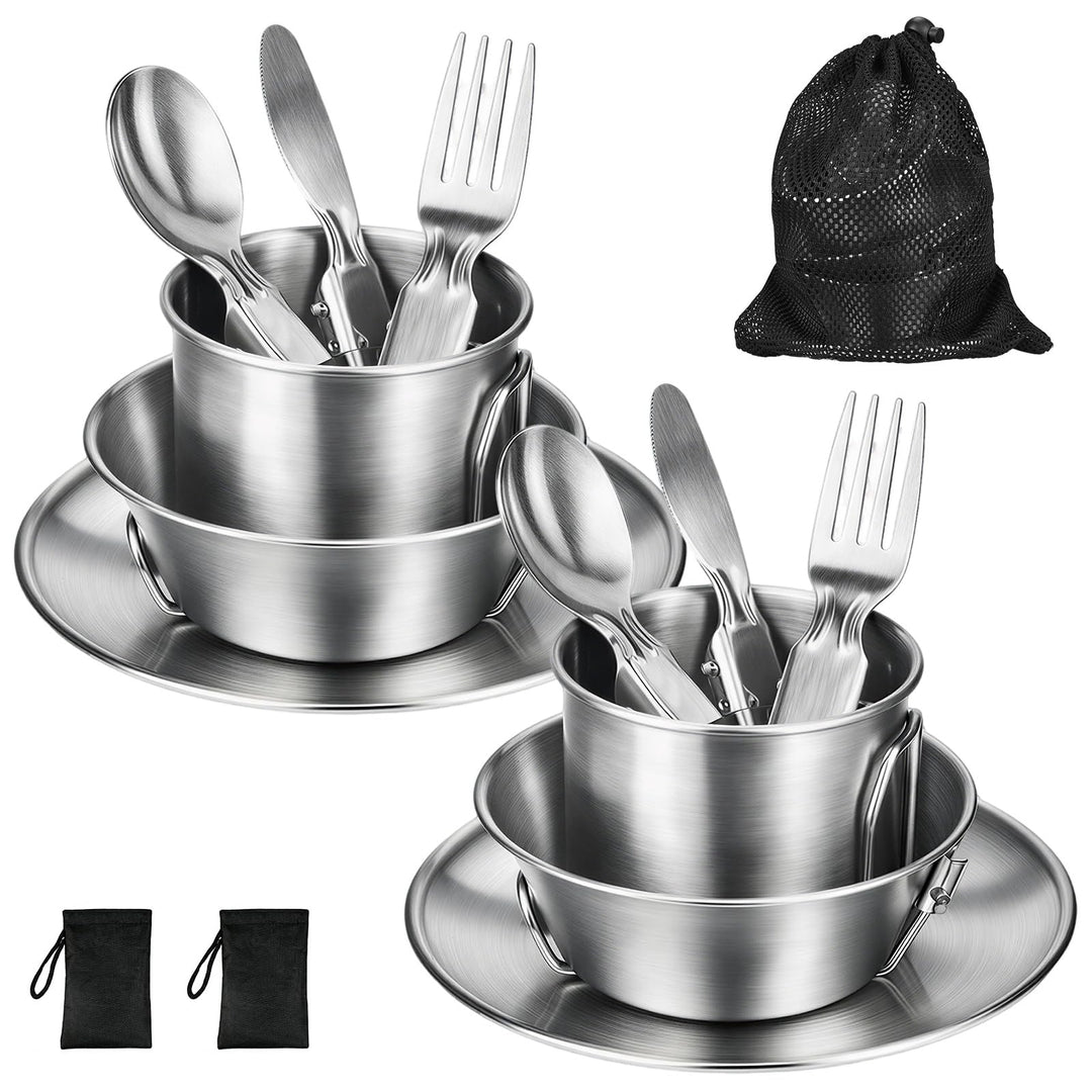 Campingbesteck Set für 2 Personen - Camping Geschirr Set mit Edelstahl Faltbares Klappbesteck & Etui