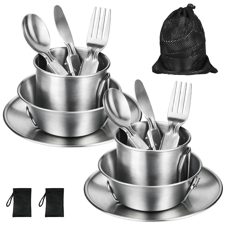 Campingbesteck Set für 2 Personen - Camping Geschirr Set mit Edelstahl Faltbares Klappbesteck & Etui