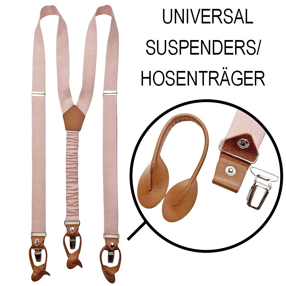 LINILI Leinen Accessoires SET: Fliege und Hosenträger für Herren- mit Leder- Fliege Bereits gebunden
