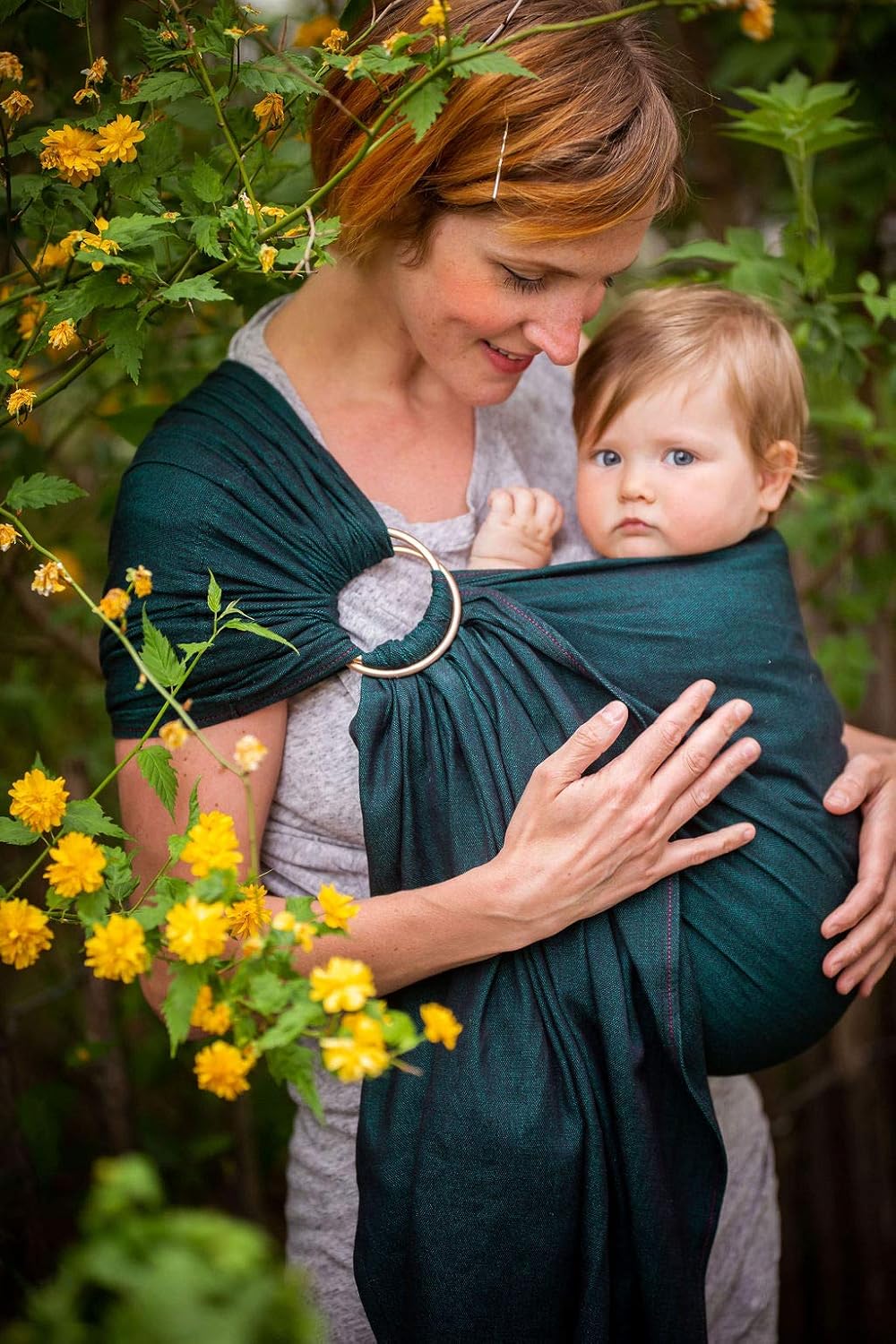 Madame Jordan Ring sling Tragetuch ab Geburt - Biobaumwolle - pur emerald/grün/schwarz - ohne Knoten