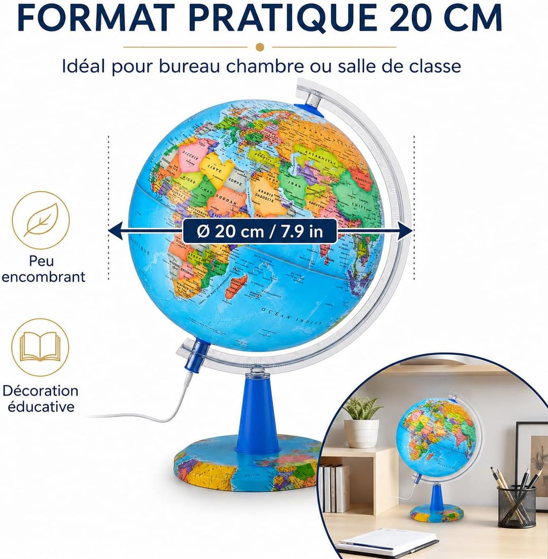 Topglobe TOPGLOBE Beleuchteter Globus 20 cm – französische Karte – moderne politische Globe – Dekora