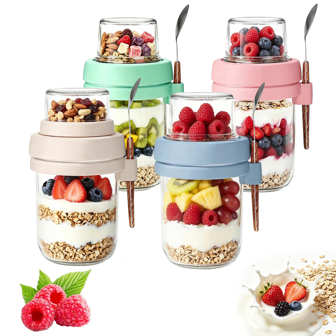 Müslibecher to Go mit Löffel,4 Stück Joghurtbecher mit Toppingbehälter,Overnight Oats Glas, Auslaufs