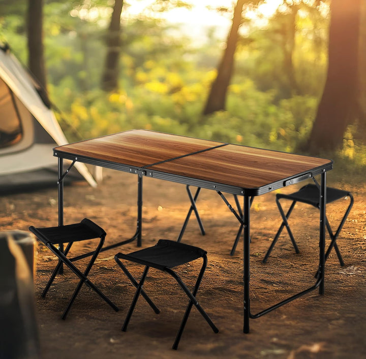 Outtec Campingtisch Faltbar mit 4 stühlen, Höhe Tragbarer Klapptisch Camping 120 x 60 cm Tragegriff,