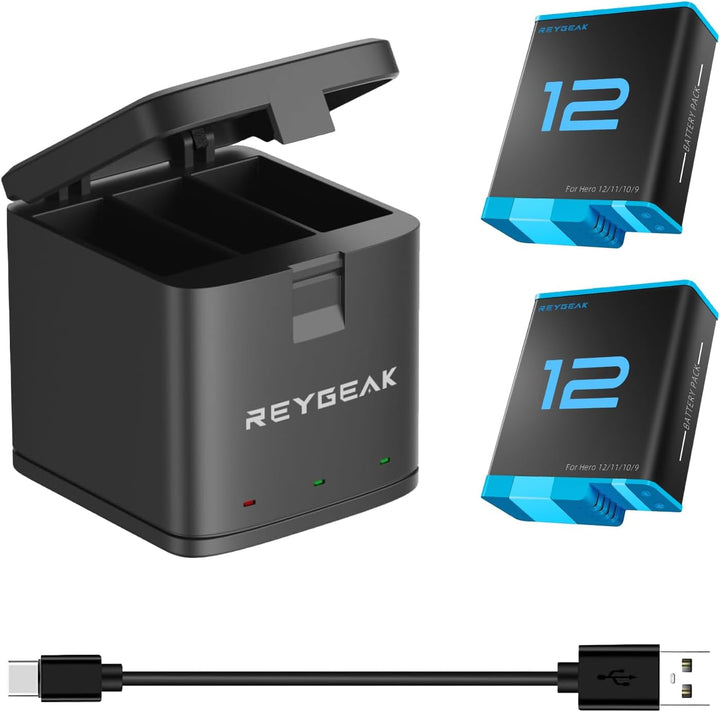 REYGEAK Hero 12/Hero 11 Akku Hero 10/9 Akku und 3-Kanal LED Ladegerät ，Akkus für GoPro Hero 12/11/10