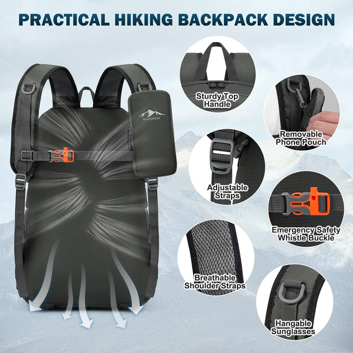RAINSMORE Wanderrucksack Herren Damen 40L Rucksack Wasserdicht Gross Reiserucksack Leicht Faltbarer