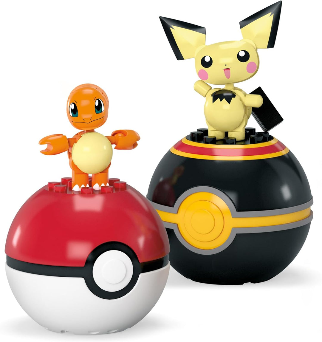 MEGA Pokémon Action-Figur-Bauspielzeug-Set, Pokéball 2er-Pack, Pichu und Charmander mit 40 Teilen, f