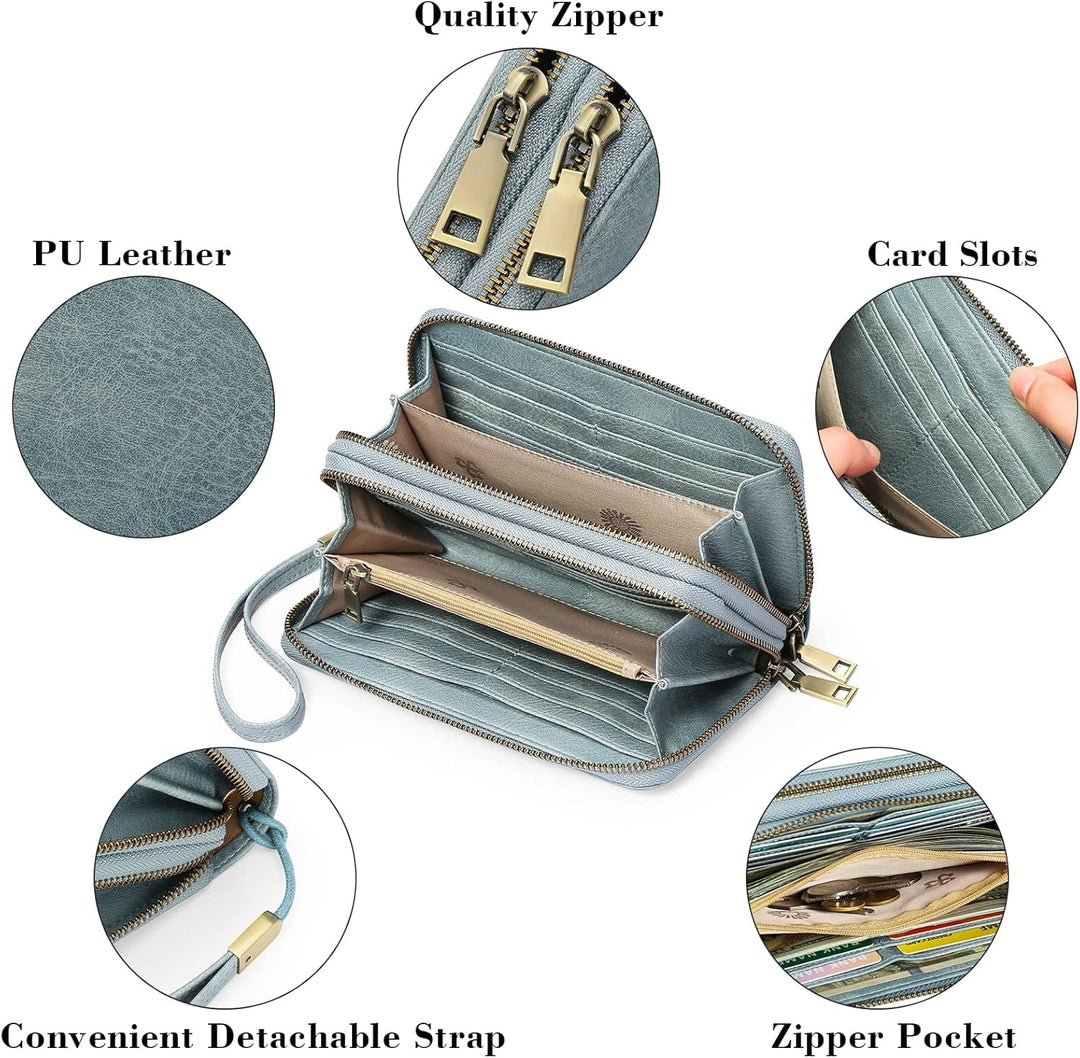 GAEKEAO Geldbörse Damen Gross, Portemonnaie Damen Veganes Leder Doppel Reissverschluss Kreditkartene