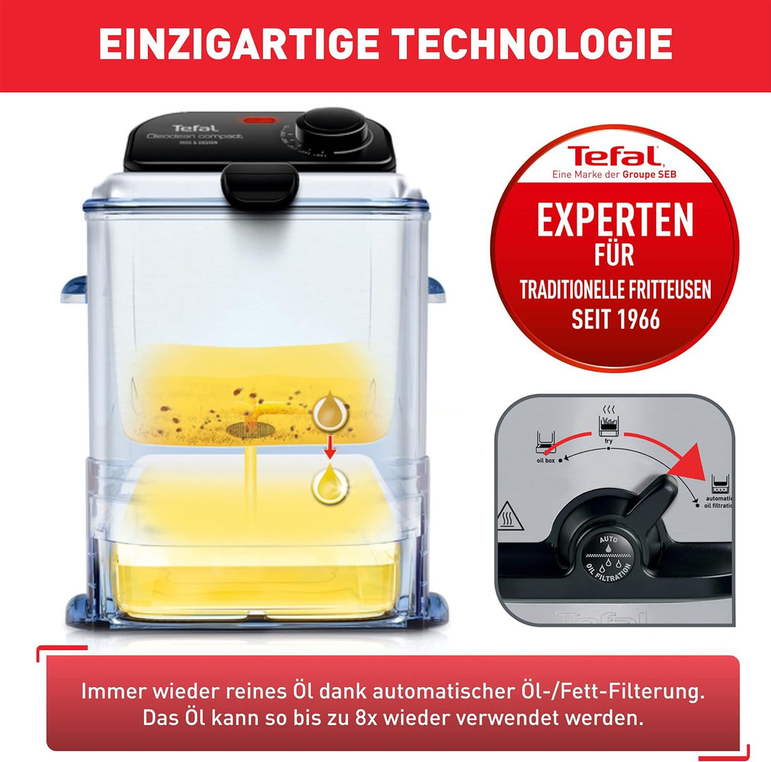Tefal FR7016 Oleoclean Compact Elektrische Fritteuse | 2 L Öl-Kapazität | automatische Ölfiltration