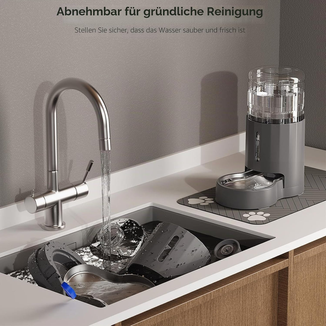 Katzen-Wasserspender mit Tischset und Edelstahlnapf, Automatischer Schwerkraft-Wasserspender für Kat
