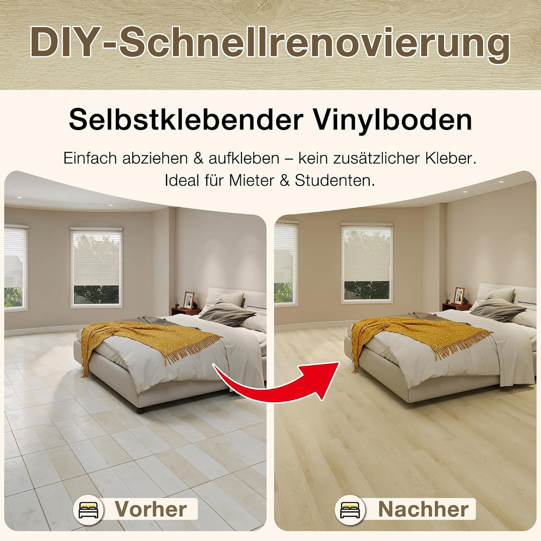 MULGREAT Holzoptik Vinyl Bodenbelag in Beige Eiche– 5,02 m² Selbstklebender, rutschfester &amp; wasserdi