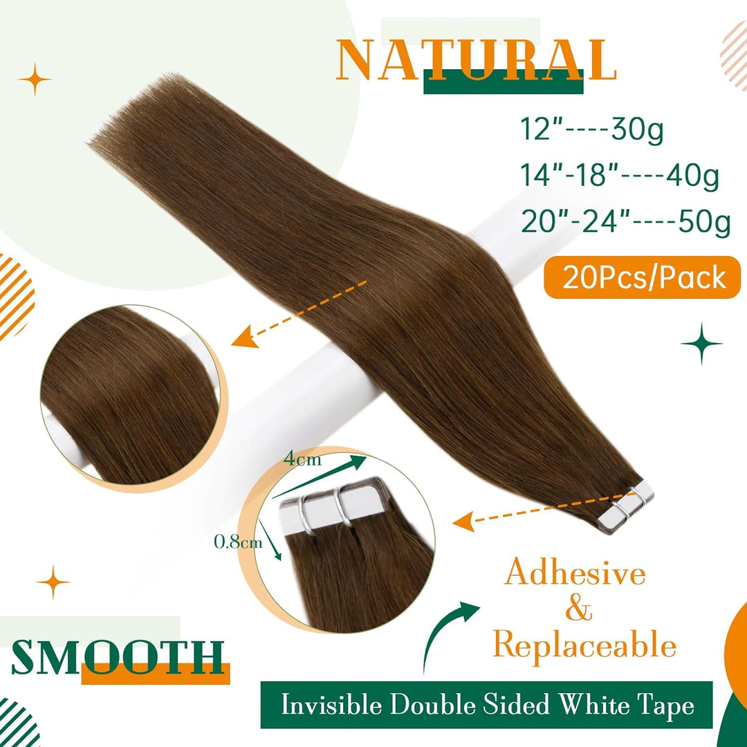Extensions Tape in Echthaar Braun Tape in Extension Echthaar Farbe Mittelbraun 20 Zoll 50g Echthaar