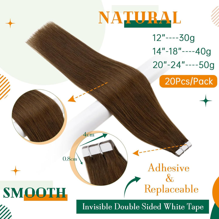 Extensions Tape in Echthaar Braun Tape in Extension Echthaar Farbe Mittelbraun 20 Zoll 50g Echthaar