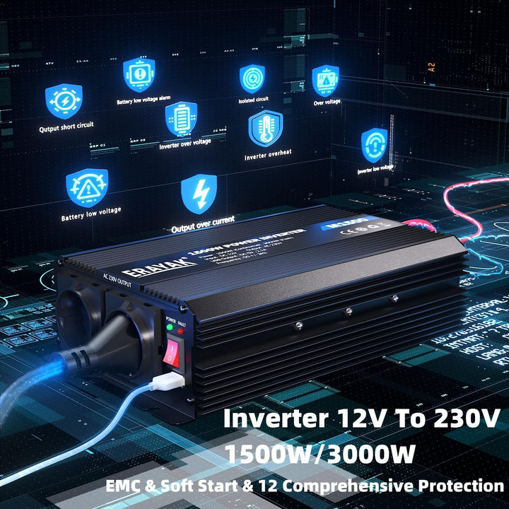 ERAYAK Spannungswandler 12v 230v 1500W/3000W KFZ Wechselrichter Power Solar Inverter DC AC Steckdose