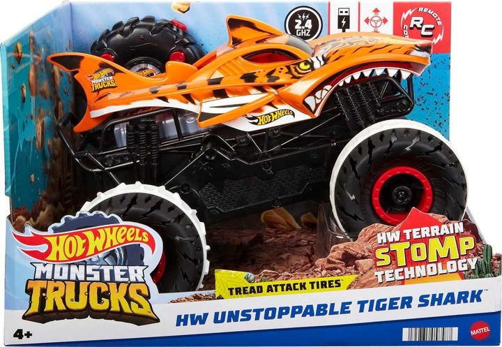 Hot Wheels HGV87 - Monster Trucks Tiger Shark, ferngesteuertes 4x4 Spielzeug-Auto für maximalen Outd