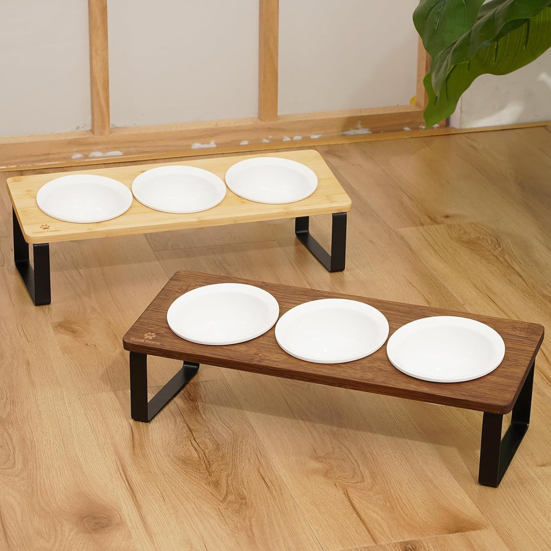 GUUSII HOME Katzennapf Erhöht Futternapf Katze Futterstation, Keramik Napf, Fressnapf 3er Set Holz,