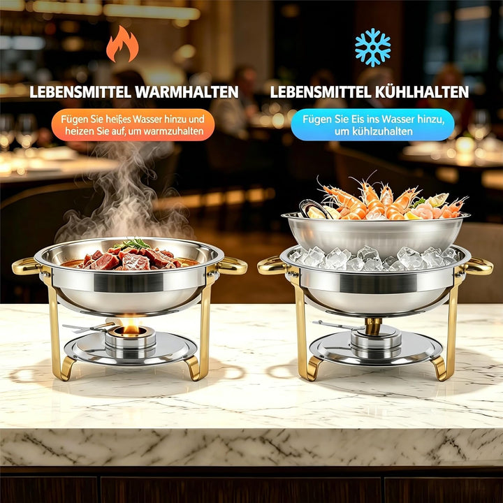 Chafing Dish Set 4er-Pack rund, 5 QT Edelstahl Buffetwärmer mit goldenen Griffen & Gestell, Elegante