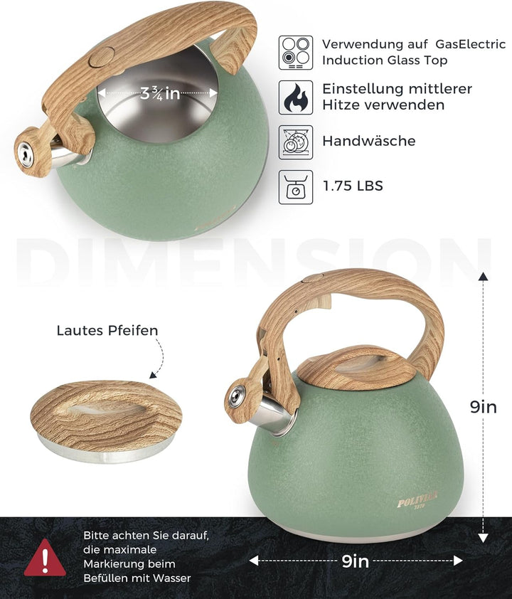 Poliviar Teekessel Induktion - Wasserkessel für Induktion und Gasherd - 2,7L Flötenkessel mit Holzma