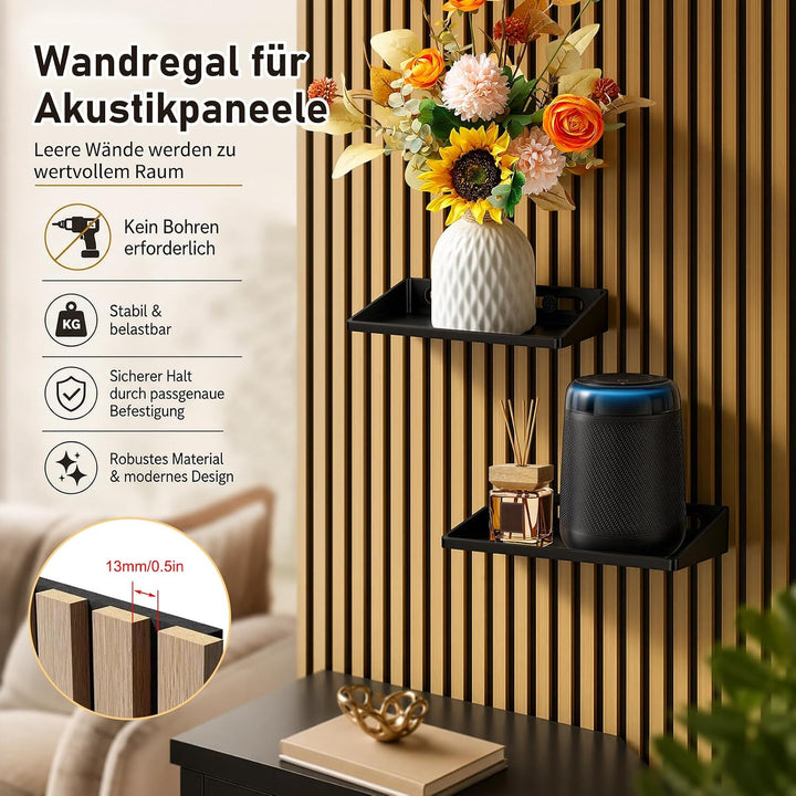 2 Stück Regal für Akustikpaneel - Wandregal Ohne Bohren mit 8 Schrauben, Schwarze Akustikpaneele Zub