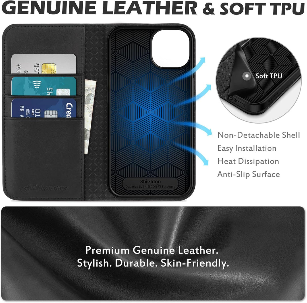 SHIELDON Hülle für iPhone 13 5G Handyhülle [Echtleder] [Stossfest] [Kartenfach] [Magnet] [Standfunkt